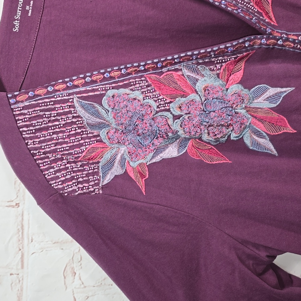 Soft Surroundings Dark Berry Playa Embroidered Jacket Open Beaded Womens 2X NWT - Picture 4 of 14